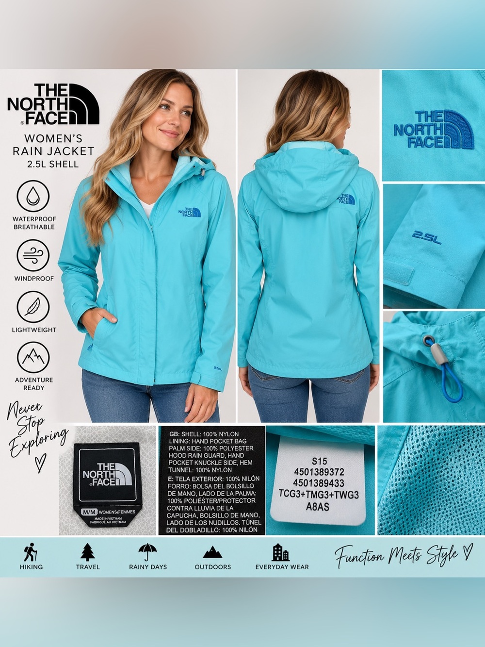 The North Face Venture HyVent 2.5L Rain Jacket Aqua Blue Women’s M
